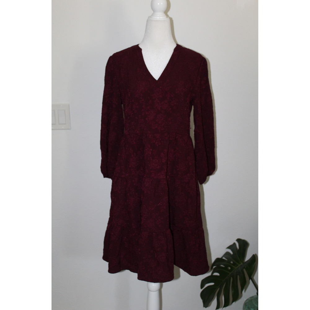 Joie Burgundy Floral Jacquard Tiered Mini Dress V-Neck Long Sleeve NWT XS